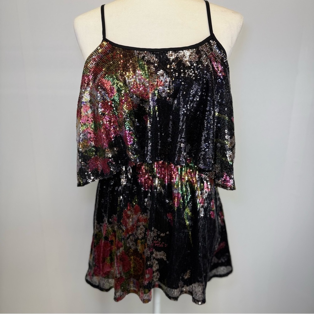 Lovers + Friends Floral Sequin Flounce Mini Dress Open Back Party Vacation XS